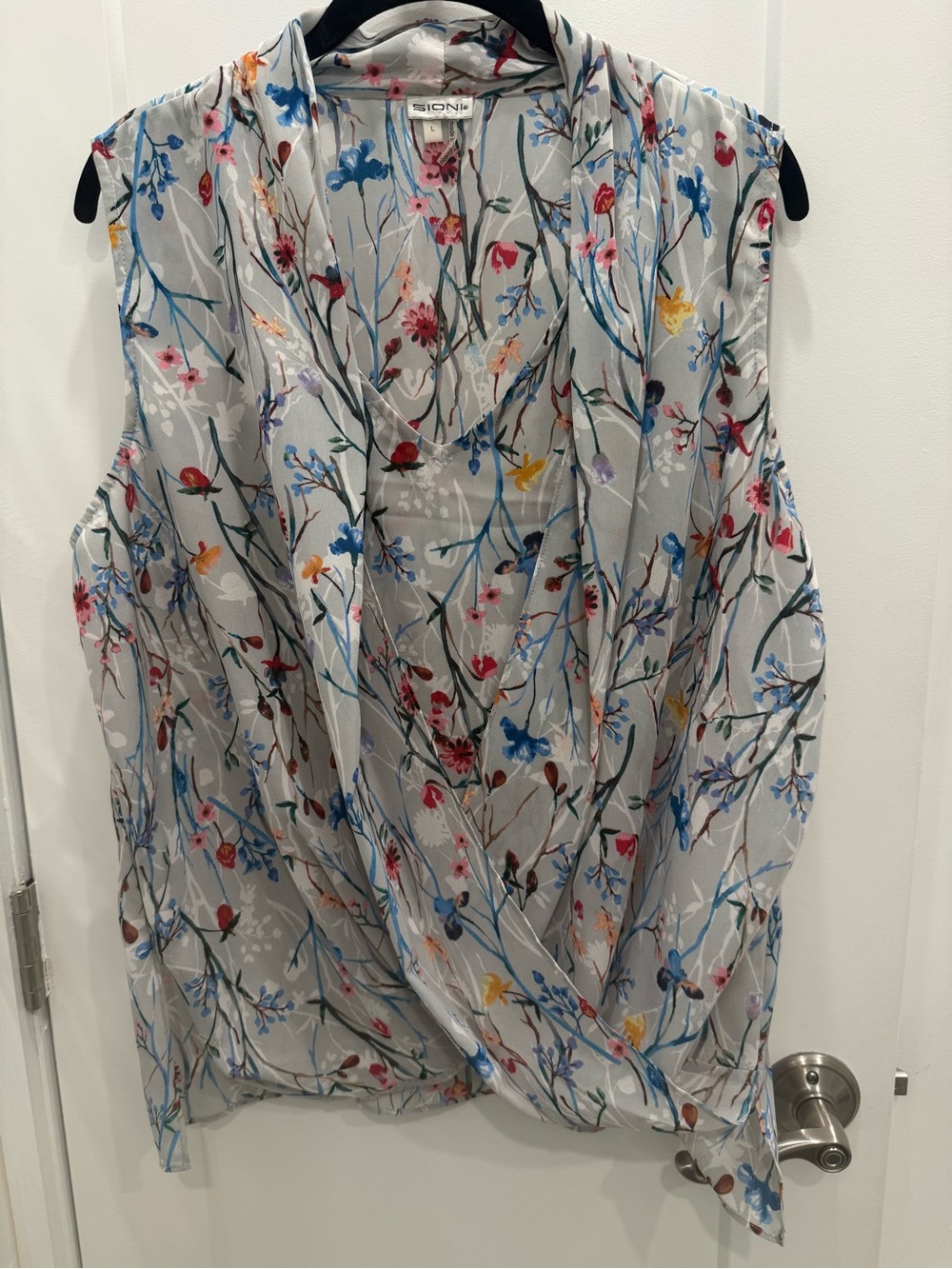 Sioni Light Gray Floral Draped blouse with built in tank Multicolor Blooms